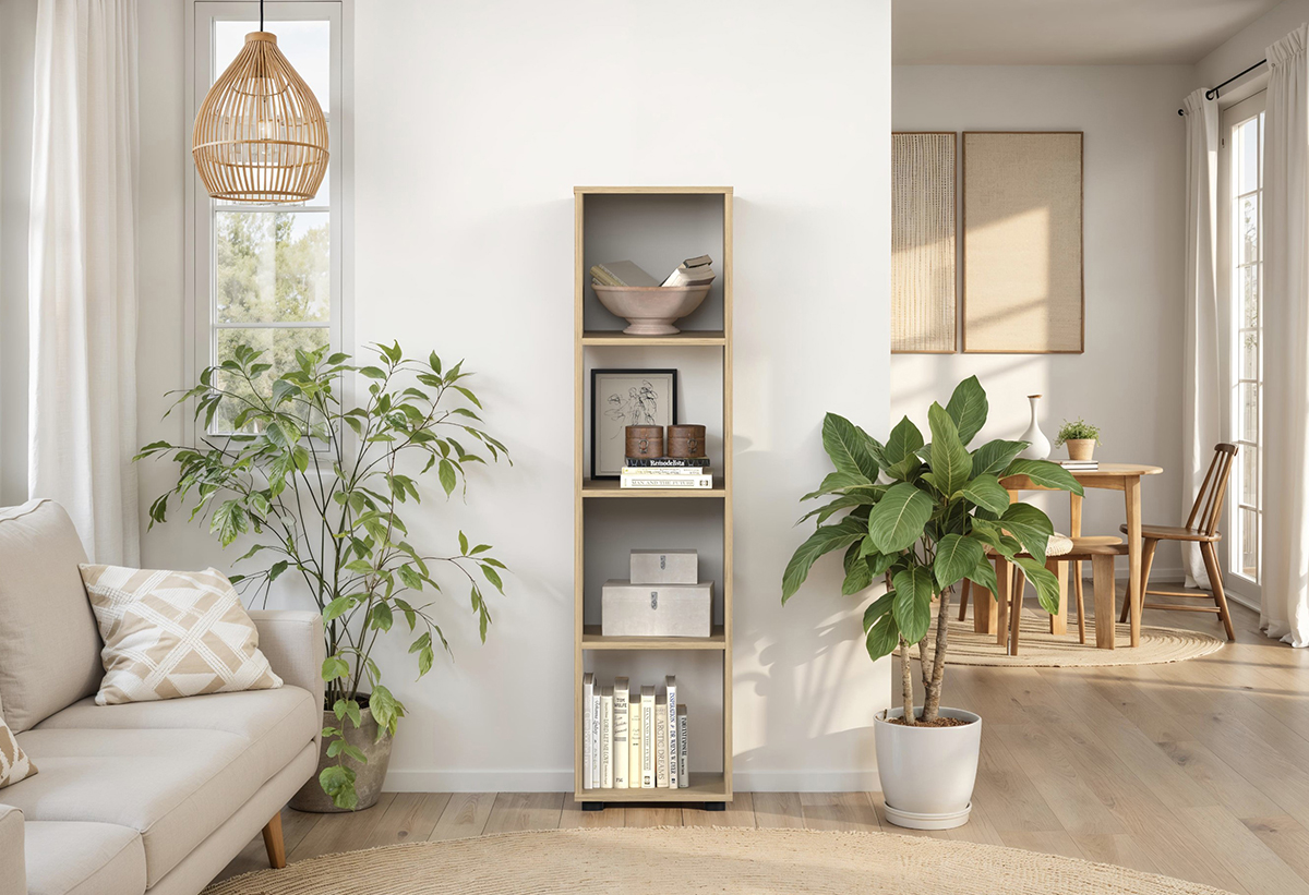 Απεικονίζεται η βιβλιοθήκη στον τοίχο ενός δωματίου, γεμάτη με κουτιά αποθήκευσης, βιβλία και διακοσμητικά.